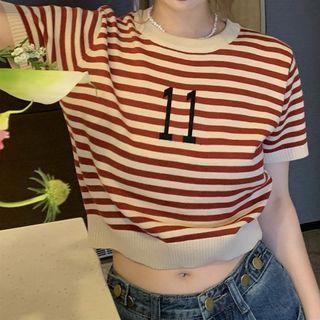 Short-sleeve Round-neck Striped Knit Top Almond & Red - One Size