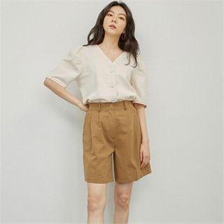 V-neck Buttoned Cotton Blouse Beige - One Size