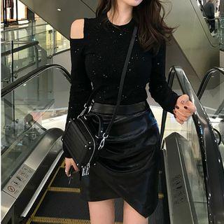 Long-sleeve Cold-shoulder Sequined Knit Top