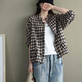 Frog-button Plaid Linen Blouse