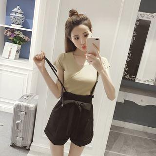 Set: V-neck Short-sleeve T-shirt + Suspender Shorts