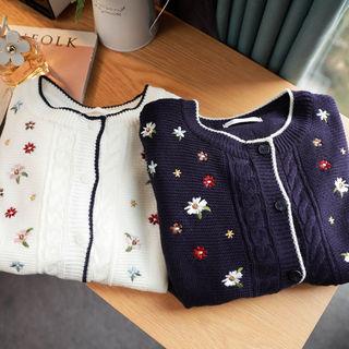 Flower-embroidered Piped Cardigan