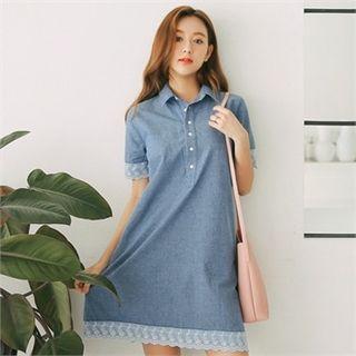 Eyelet Lace Trim Denim Polo Shirtdress