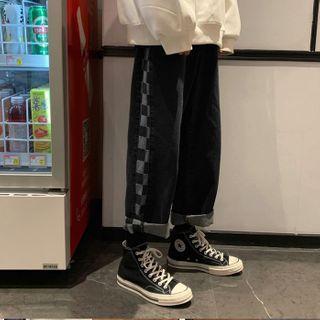 Checked Panel Cropped Harem Jeans
