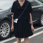 Short-sleeve Bow Accent Blouse / Mini Pleated Skirt