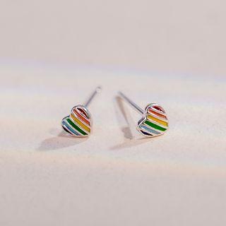 925 Sterling Silver Rainbow Heart Earring 1 Pair - Silver - One Size