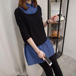 Mock Two-piece Knit Panel Denim Shirt
