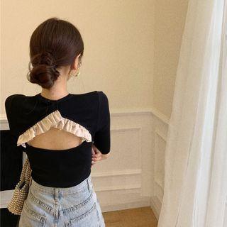 Open-back Frilled Short-sleeve Slim-fit Top Black - One Size