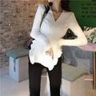 Ruffled-trim V-neck Knit Top