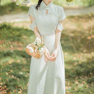 Short-sleeve Faux Pearl Trim Lace Midi A-line Qipao Dress