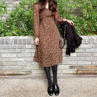 V-neck Tie-waist Midi Floral Dress Brown - One Size