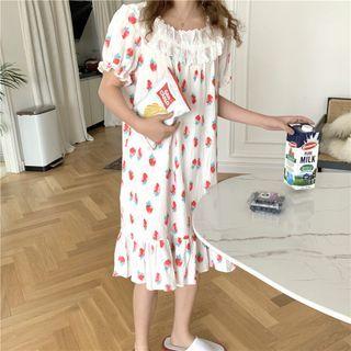 Puff-sleeve Fruit Print Midi Sleep Dress White - One Size