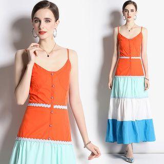 Spaghetti-strap Color Block Midi A-line Dress