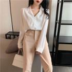 Long-sleeve V-neck Blouse / High-waist Plain Dress Pants