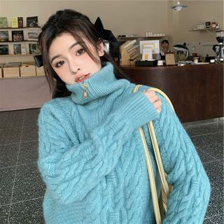 Turtleneck Half Zip Cable Knit Pullover
