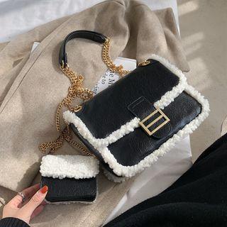Fluffy Trim Flap Crossbody Bag Black - One Size