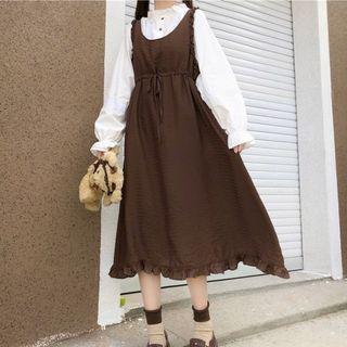 Puff-sleeve Ruffled Blouse / Midi Pinafore Dress