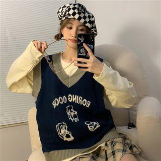 V-neck Jacquard Sweater Vest Navy Blue - One Size