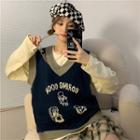 V-neck Jacquard Sweater Vest Navy Blue - One Size