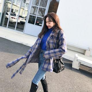 Plaid Wool Blend Wrap Blazer With Sash