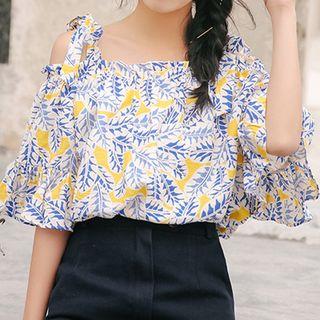 Elbow-sleeve Cold Shoulder Printed Top