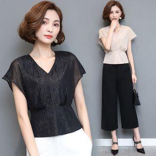 Cap-sleeve V-neck Shimmer Top