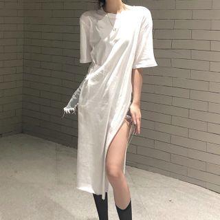 Elbow-sleeve T-shirt / One-shoulder Maxi A-line Pinafore Dress
