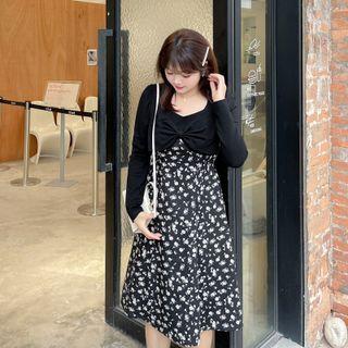 Mock Two-piece Long-sleeve Bow Floral Print Midi A-line Dress