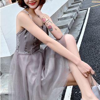 Sequined Open Back Spaghetti Strap A-line Dress