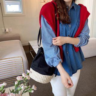 Striped-sleeve Snap-button Denim Shirt