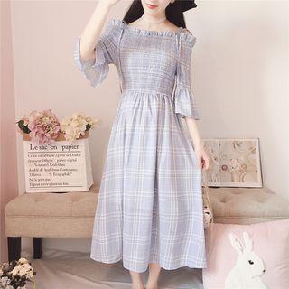 Plaid Off-shoulder Spaghetti Strap Bell-sleeve Chiffon Dress