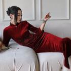 Elbow-sleeve Flower Embroidered Rhinestone Midi Sheath Dress