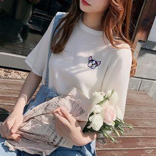 Dog Embroidered Short-sleeve Knit Top