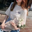 Dog Embroidered Short-sleeve Knit Top