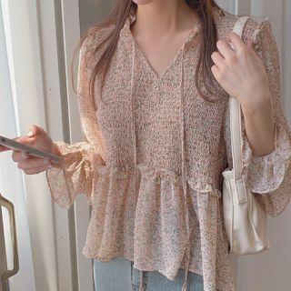 Long Sleeve Smocked Floral Print Chiffon Blouse