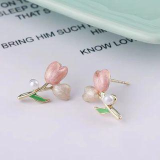 Faux Pearl Floral Stud Earring Pink Flower - Silver - One Size