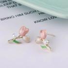 Faux Pearl Floral Stud Earring Pink Flower - Silver - One Size