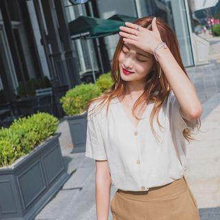 V-neck Linen Blend Blouse