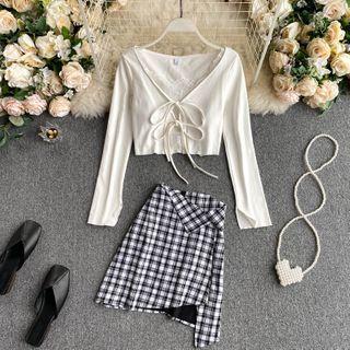 Set: Long-sleeve Tie-front Crop Top + Lace Camisole + Plaid Mini Skirt