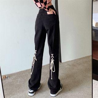 High Waist Lace-up Detail Wide Leg Denim Jeans