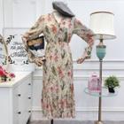 Long-sleeve Floral Midi Ruched Chiffon Dress