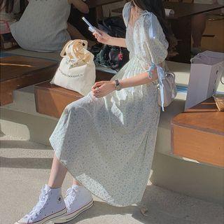 Lace Trim Floral Print Ribbon Bow Short Sleeve Dress