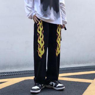 Fire Flame Print Wide Leg Jeans