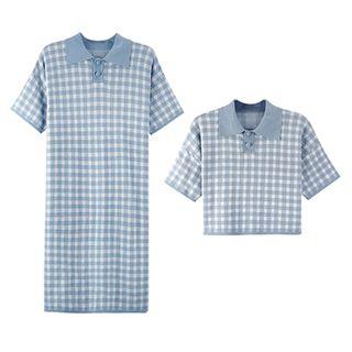 Checked Short-sleeve Knit Top / Collared Short-sleeve Knit Dress