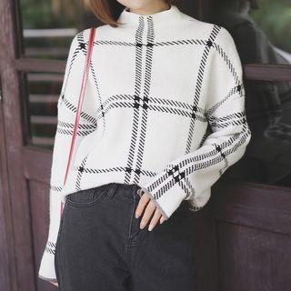 Mock-neck Plaid Sweater White - One Size