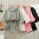 Set: Cropped Drawstring-hem Hooded Light Jacket + Shorts