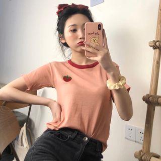 Strawberry Embroidered Short-sleeve Knit Top Pink - One Size
