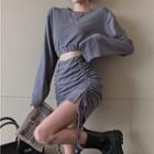Long-sleeve Cropped Top / Crinkled Mini Skirt