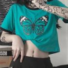 Contrast Trim Butterfly Print Cropped T-shirt