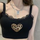 Lace Leopard Heart Print Camisole Top Black - One Size